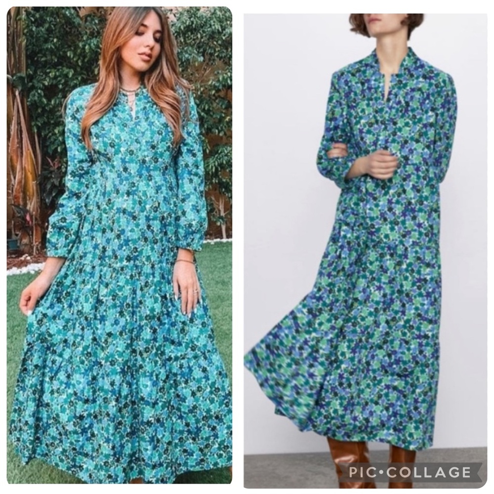 Zara Bloggers Fave Smock Floral Print Blue Green Maxi Dress
